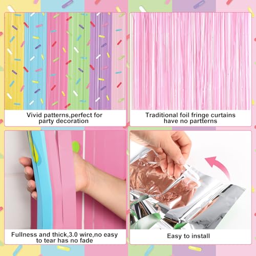 Image of Blosssound 4 Packs Donut Party Decorations 3.3 x 6.6 ft Donut Sprinkle Foil Fringe Curtain Colorful Ice Cream Tinsel Streamers for Easter Birthday Baby Shower Sweet Shop Decoration(4 Packs, Doughnut)