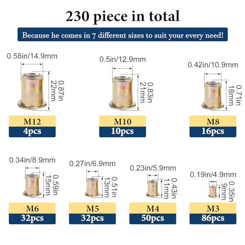 Image of Metric Rivet Nut Assortment Kit(230 Pcs), M3 M4 M5 M6 M8 M10 M12 Flat Head Rivnut Set,Zinc Plated Finish Carbon Steel Nutsert