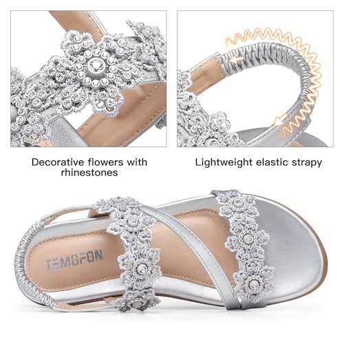 Image of TEMOFON Sandals for Women Flat Dressy Summer Flower Sandals with Ankle Strap Comfortable Casual Walking Flat Sandals Size 5-11