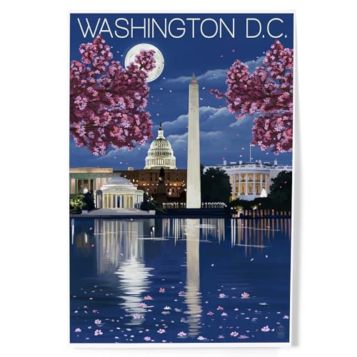 Lantern Press Washington DC Wall Art Print 8x12 – Cherry Blossom Night Poster with Washington Monument & Capitol – Vintage Style Washington DC Poster – Made in USA