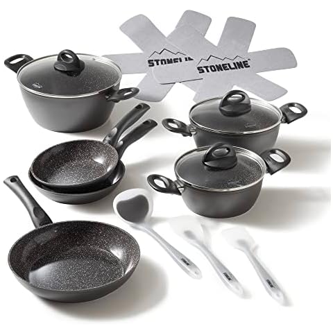 STONELINE Ceramic Topfset für Induktion geeignet, 14 teilig, Kochgeschirr Set mit Glasdeckel, PFAS-freie Keramik Antihaftbeschichtung und echten Steinpartikeln Cover