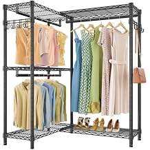VIPEK L4 Garment Rack L Shaped Clothes Rack for Corner, Freestanding Portable Wardrobe Closet Heavy Duty Clothing Rack with 3 Hanging Rods & 2 Side Hooks, 43.3"Lx29.1"Wx76.4"H, Max Load 810LBS, Black