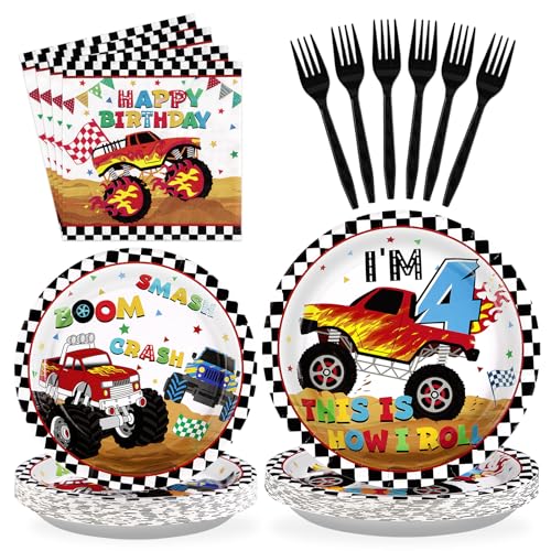 96 Pcs Monster Truck 4th Birthday Party Supplies - 350 GSM Plates and Napkins, Checkered Tableware Set for Kids Boys Theme Party - Decorations Serve 24