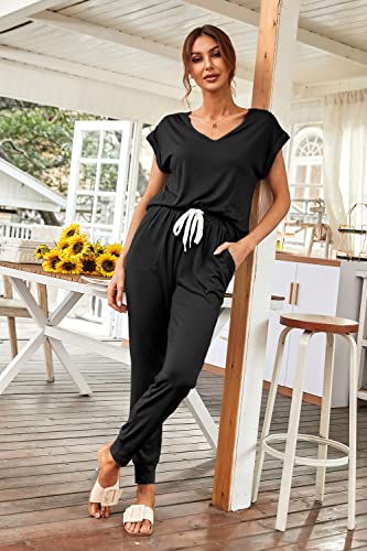 Prettygarden Women's Two Piece Tracksuit V Neck Short Sleeve Tops Long Pants With Drawstring Outfits Jogger Sets(Black,Small #TOP4