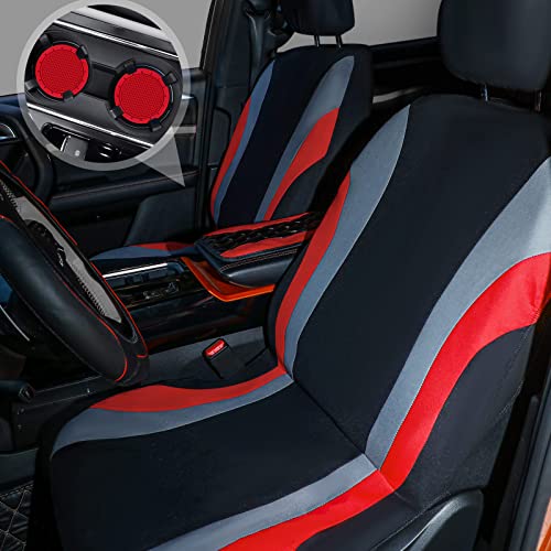 Sinmoe 17 Pcs Car Seat Covers Full Set, Steering Wheel Cover Center Console Pad Armrest Cover Seat Safety Belt Pad Seatbelt Covers Cup Mats Car Emblem Ring Sticker Accessories Set(Black, Red)