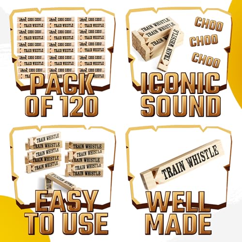 Wooden Train Whistles (Pack of 120) - Wood Train Whistle for Kids, Train Party Favors, Theme Birthday Decorations, Noisemakers, Goodie Bag Filler, Small Game Prizes, Stocking Stuffers
