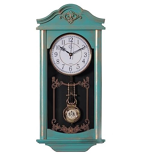 Large Vintage Grandfather Wood- Looking Plastic Pendulum Wall Clock for Living Room, Kitchen, or Dining Room, Large Blue with Gold Distressed Design