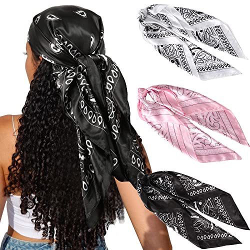 CHLINS 35" Satin Square Hair Scarf Bandanas 3Pcs Large Silk Head Scarves Lightweight Satin Hair Kerchief Sleeping Hair Wraps, Black+white+pink, 90 * 90 cm / 35 * 35 inches