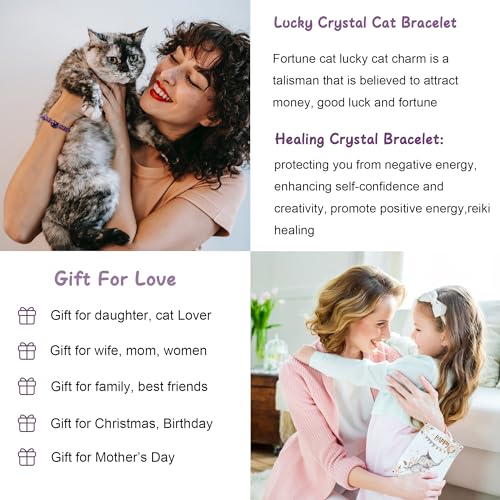 CrystalTears Crystal Cat Bracelet for Women Men 8mm Crystal Stone Bead Bracelets Protection Healing Crystals Gemstones Stretch Bracelet Good Luck Bracelet Jewelry Cat Gifts for Mom Women 5