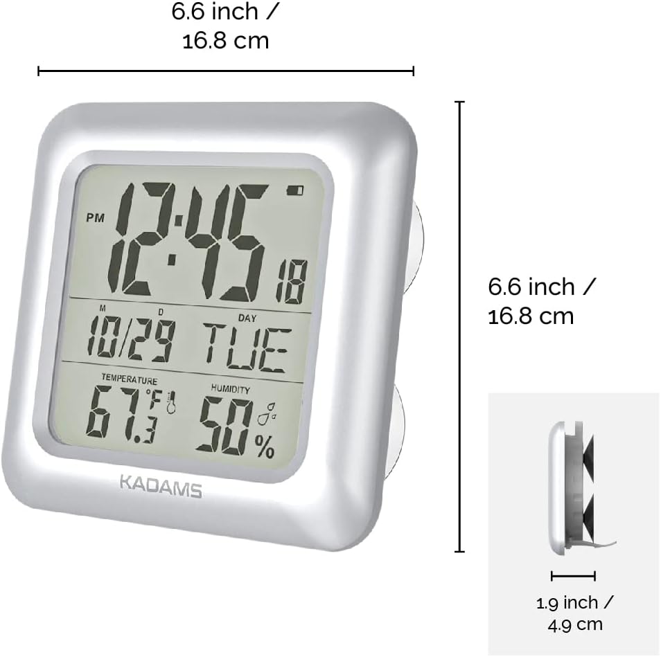 KADAMS Bathroom Digital Clock with Large LCD Screen - Shower Wall Clock with Timer - Water Resistant - Temperature & Humidity Display - Calendar Display - 4 Mounting Options,Silver