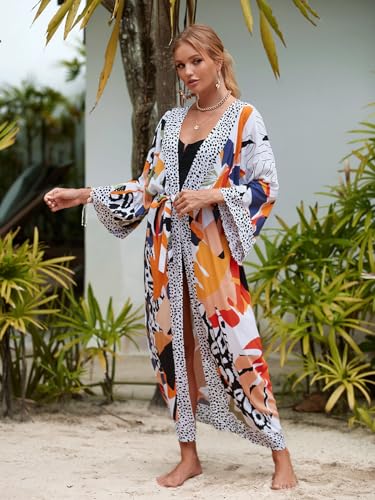 Image of Women's Kimono Cover Up Long Beach Dress Swimsuit Cover Ups Colorful Cardigan Lightweight Robe for Swimwear