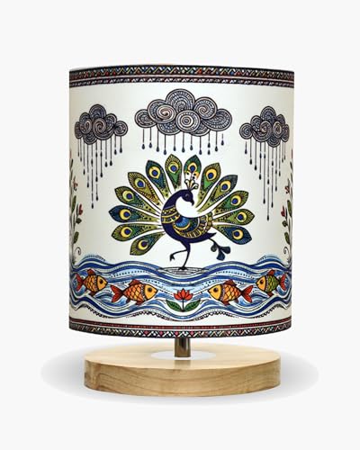 Image of Homesake Pine Table Lamp Wooden Bedside Lamp Simple Bedroom Light Linen Shade Mini Desk Lamp Nightstand Lamp for Bedroom, Living Room, Gift, (Madhubani Art of India Shade Cylinder)