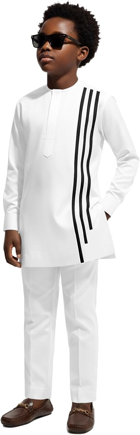 Boys' African 2-Piece Suit Mandarin Collar Long Sleeve Tunic Shirt & Pants Set Striped Dashiki Kids Nigerian Attire