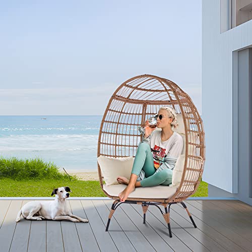 Wicker Egg Chair With Stand Outdoor Indoor Oversized Lounger Rattan Peacock Egg Basket Chair For Patio Backyard Porch Comfy Outdoor Reading Chair Bedroom Lounge Chair Yellow Beige #TOP4