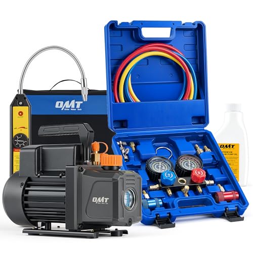 Orion Motor Tech 4 cfm AC Vacuum Pump and Gauge Set Single-Stage AC Manifold Gauge Set with Vacuum Pump for R454B R1234yf R32 R410a System Spark-Proof HVAC Vacuum Pump Kit with Overheat Protection
