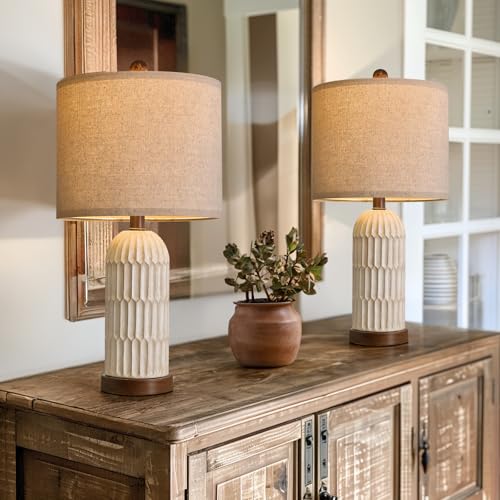 OYEARS 22.5 Bedside Table Lamps Set of 2 Farmhouse Table Lamp with USB A+C Charging Ports Vintage Nightstand Lamp for Bedrooms and Living Rooms Retro Resin End Table Lamp Beige and Brown