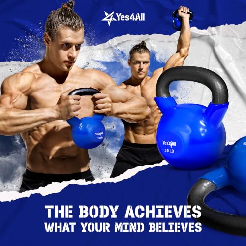Yes4All Kettlebell, 5-100 LB Vinyl Coated Cast Iron Strength Training Kettlebells for Home Gym Exercises, Fitness, Full Body Workout Equipment, Push Ups, and Grip Strength