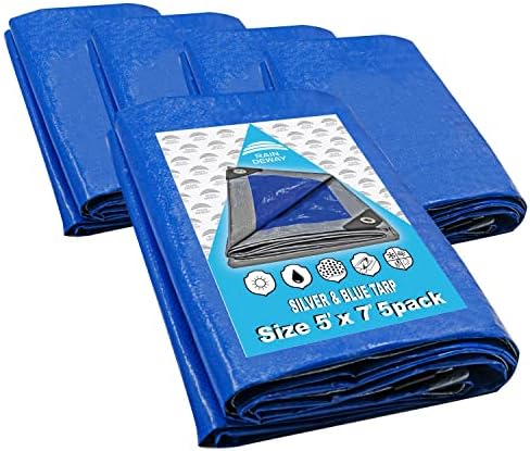 Small Tarps 5x7 Feet 5 Pack, 5.5 Mil Thick, Multipurpose Waterproof Poly Tarp Cover with Metal Grommets and Reinforced Edges, Silver/Blue Tarp by RAINDEWAY