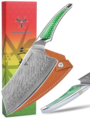SANMUZUO Couteau Nakiri 18 CM, Couperet à viande en acier Damas japonais VG-10, Couteau à légumes ultra tranchant avec manche pleine soie en résine verte, série LA-S9
