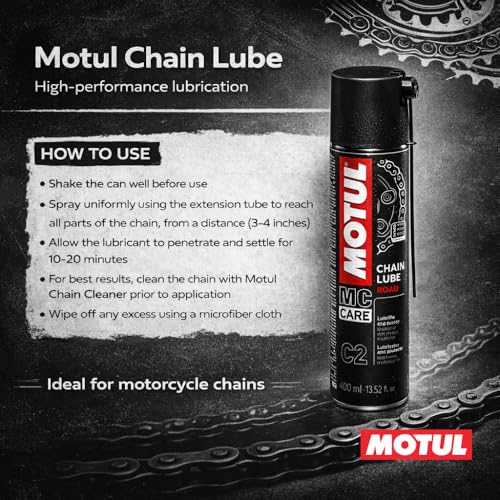 Motul Ketten-Sprühfett für Straßen-Motorräder, Farblos, Geeignet für O-Ring, X-Ring, Z-Ring Ketten, Hochgeschwindigkeitsfest, Wasser- und Salzbeständig, Rostschutz, MC Care Chain Lube Road C2, 400 ml