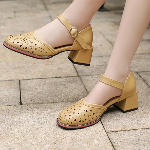 Women's Mary Jane Shoes Round Closed Toe Chunky Heel Block Hollow Out Ankle Strap Buckle Sandals Wedding Party Dress Pumps4