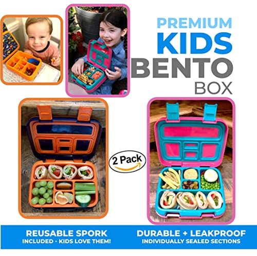 Image of kinsho Bento Lunch Box for Kids Toddlers Boys Girls, 5 Portion Sections Secure Lid, Microwave Safe BPA Free Removable Tray, Pre-School Kid Daycare Lunches Snack Container, Unicorn Dinosaur 2 pack