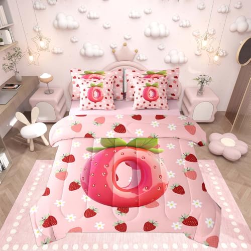 Image of Feelyou Girls Pink Red Strawberry Comforter Set with Sheets 7 Piece Full Size Initial Letter O Bed in a Bag Kids Boys Girls Princess Strawberry Bedding Set Bedroom Decor