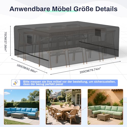 Oleic Abdeckung Gartenmöbel 200 * 160 * 70cm, 600D Oxford Gartenmöbel Abdeckung, Gartenmöbel Abdeckung Winterfest Wasserdicht für Gartentische Terrassenmöbel Rechteckig