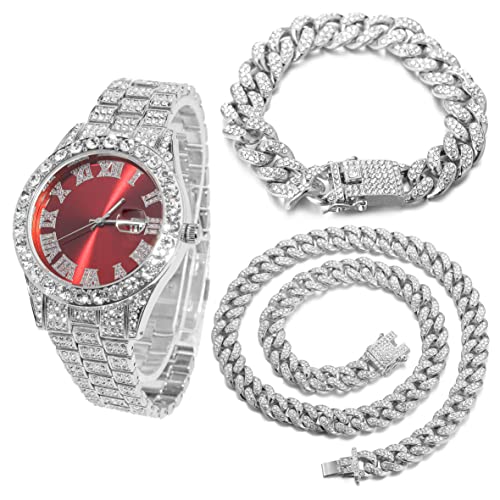 HALUKAKAH Diamante Reloj Oro, Hombres Chapado Oro Blanco Platino 42MM Ancho Esfera Rojo Cuarzo Pulsera 24cm con Enlace Cubano Cadena 20+45cm Collar Pulsera Juego, con Caja de Regalo