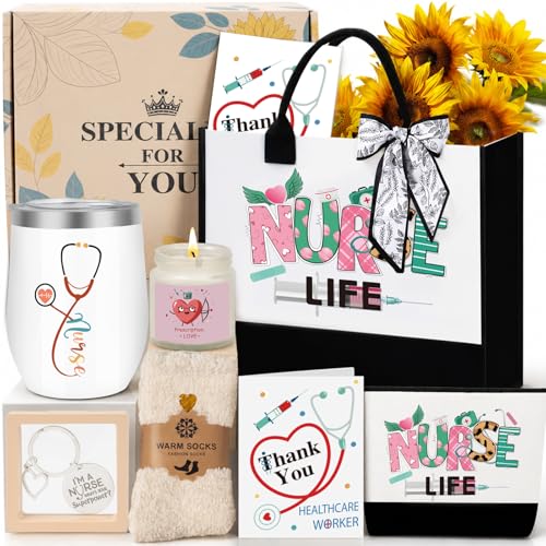 SHXWELL Nurse Gifts for Women Nurse Appreciation Gift Set for Female Nursing Student - RN Graduation Nurses Week & Christmas Basket with Canvas Tote Bag