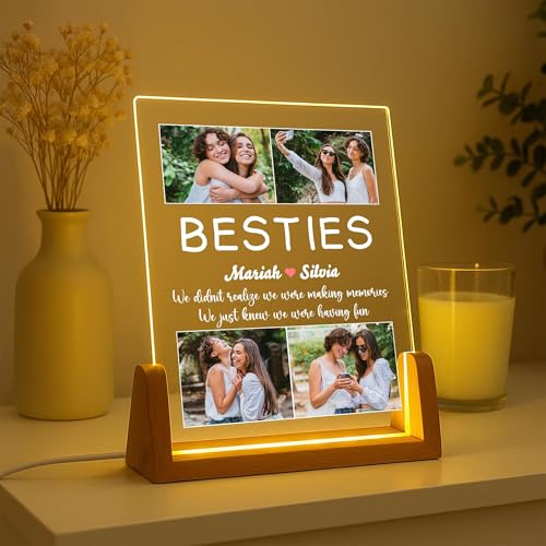 Image of Friendship Day Custom Photo Collage LED Lamp, Personalised Acrylic Night Light for Best Friends, Warm White, Wooden Base, Touch Control, Modern Style (Bestie 4)