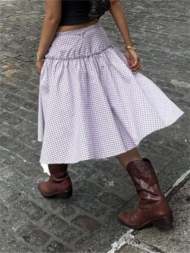 Women Y2K Plaid Midi Skirt Gingham Low Waist Tie Up A Line Frill Ruffle Hem Maxi Skirts Vintage Teen Girls Streetwear4