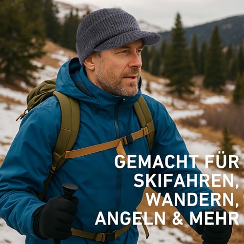 TOP-EX PolarWool™ XL/XXL 100% Merinowolle Schirmmütze Herren Großer Head, Winter Strickmützen Beanie Cap mit Visier, Warm Winddicht Wintermütze mit Fleecefutter für Running Hiking, Grau
