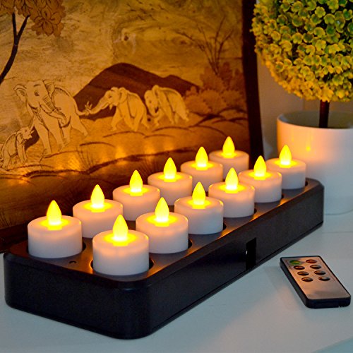 Telosma Inductive Rechargeable Led Tealight Candles Flameless With Timer Remote, Set Of 12 Amber Yellow Light #TOP1