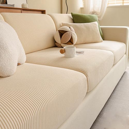 Housse de Coussin Canapé d‘Angle Élastique en Velours Côtelé, Protection pour Canapés 1-4 Places, avec Fond Élastique(Beige,65-85cm x 135-165cm)