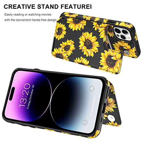 Leto Iphone 14 Pro Max Case,Flip Folio Leather Wallet Case Cover With Fashion Designs For Girls Women,Card Slots Kickstand Protective Phone Case For Iphone 14 Pro Max 6.7" Blooming Sunflowers #TOP3