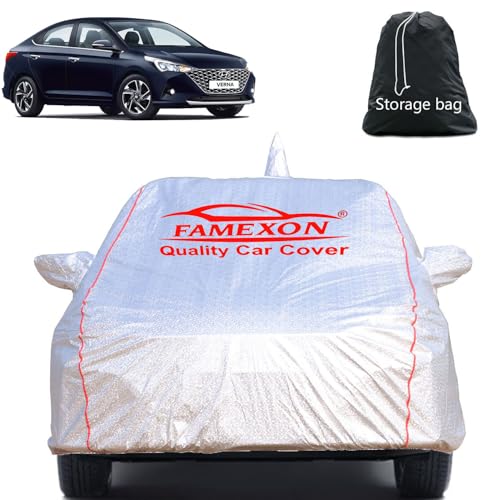 Image of Full Body Car Cover for Hyundai Verna with Mirror and Antena Pocket Triple Stiched(Silver with Red Piping)