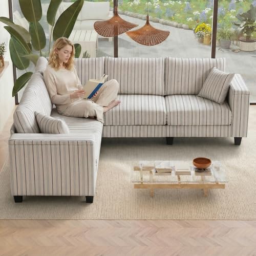 Image of 97 inch L Shaped Couch Corner Sofa, 5 Seater Oversized Cloud Couch with 2 Pillows Modular Sectional Sofa Armrests with Two Hidden Storage Space Sectional Couches for Living Room Blue Stripe