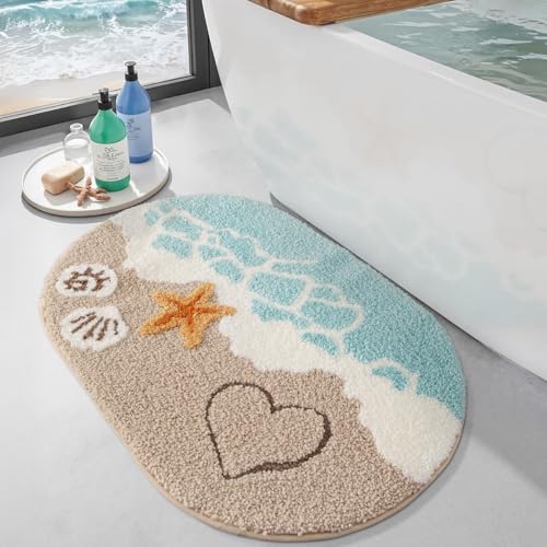 DEXI Tapis Salle de Bain Antidérapant 54 x 86 cm, Ovale Tapis Douch Absorbant et Lavable avec Motif Plage et étoile de mer, pour Baignoire, Chambre, Enfants,...