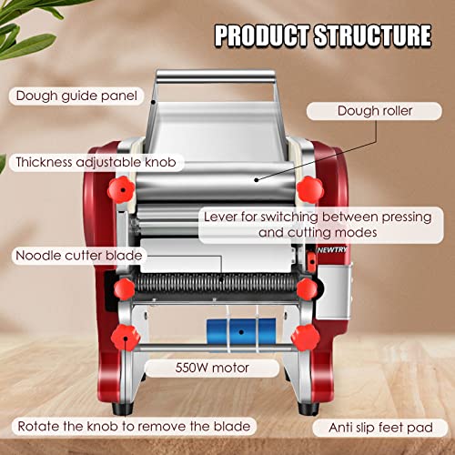 Newtry Commercial Pasta Maker Electric Noodle Making Machine Dough Roller Cutter Thickness Adjustable Stainless Steel Us 110V For Commercial Or Family Use 550W #TOP4
