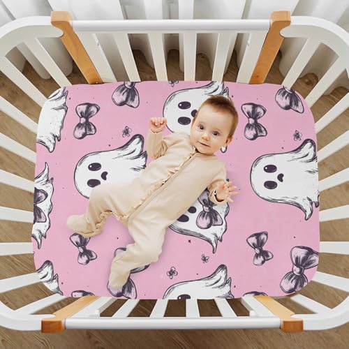 Image of Caikeny Fitted Crib Sheet for Boys Girls Cute Ghost Coquette Bows Halloween Flowers Baby Crib Sheets Bassinet Sheets Crib Mattress Bed Sheets for Toddler Newborn Infant 27 x 39 in