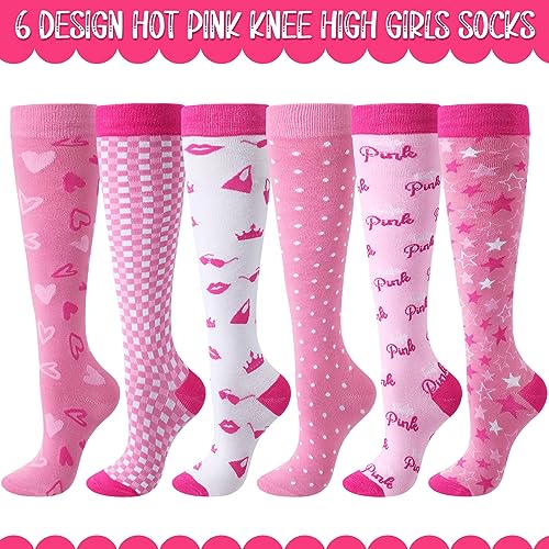 Chuarry 6 Pairs Pink Knee High Socks for Women Girls Cute Athletic Long Calf Tube Socks for Birthday Coquette Preppy Gifts4