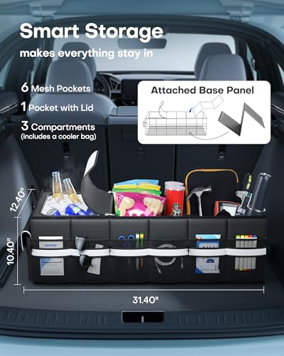 HOTOR Trunk Organizer - Car Organizer with Built-In Leakproof Car Cooler, Collapsible Trunk Organizer with Cooler for Car, SUV, Sedan, with Base Panel (3 Compartments, Black),31.9"×12.6"×10.6" - Image 3