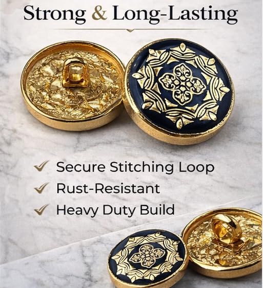 Image of REENA Metal Coat Buttons Set of 12 (6 Large 20mm + 6 Small 17mm) | Premium Gold & Black Designer Buttons for Blazer, Coat, Sherwani & Uniform | Heavy Duty Sewing Buttons for Men & Women( ANTIQUE BLACK NEW )