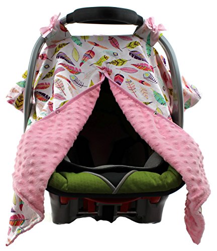 Image of Dear Baby Gear Carseat Canopy, Bright Feathers on White, Pink Minky
