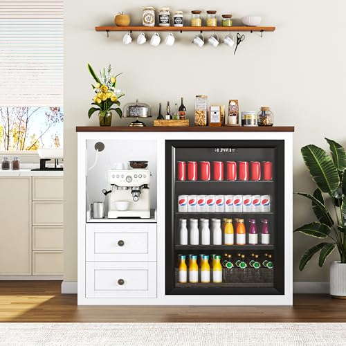 Image of 47.2 inch Coffee Bar Cabinet with Fridge Space, Farmhouse Mini Fridge Cabinet with Power Outlets and Storage Drawers, Wine Bar Cabinet with Sliding Shelf for Kitchen Dining Room, White