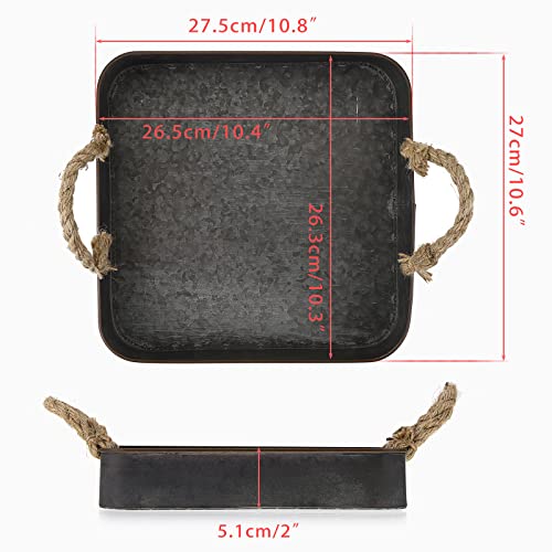 Hipiwe Galvanized Metal Tray With Rope Handle Farmhouse Metal Iron Tray Square Candle Holder Tray Industrial Style Serving Tray Countertop Decorative Tray Centerpiece Tray Rustic Decor #TOP4