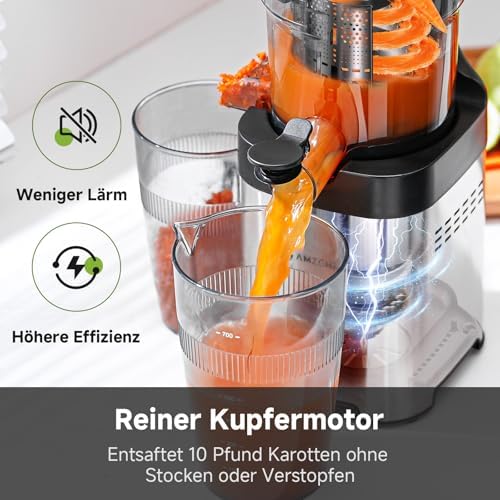 Bild 4 - AMZCHEF Entsafter - Slow Juicer mit 135MM Breite und Größere Fütterungsröhre für Ganze Gemüse und Obst - Leicht zu Reinigender Entsafter mit 2 Gläsern - Silber