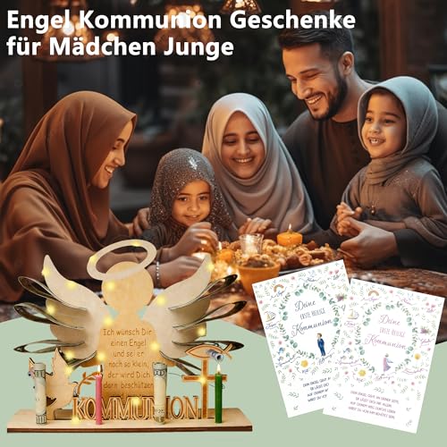 Kommunion Geschenke für Mädchen Junge, Holz Konfirmation Geschenk Kleine Geschenke zur Kommunion mit LED Lichterkette & 2 Karte, Geldgeschenke Kommunionsgeschenke Taufgeschenke für Mädchen Jungen