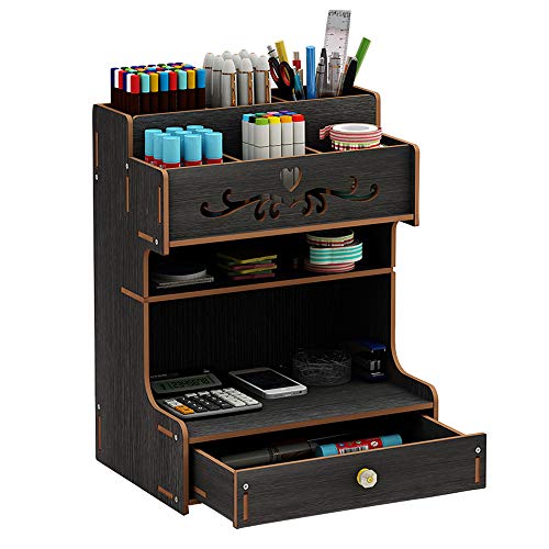 Wooden Desk Organiser Large Capacity Drawer Stationery Desktop Storage Box Desk Tidy Pen Holder for Home, Office and School (Black)